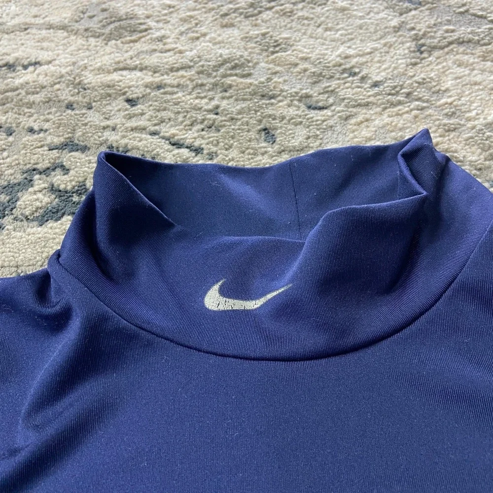 Vintage Y2K Nike Shirt‎ Sz L Blue Stretch Mock Neck Swoosh Logo Gym Activewear